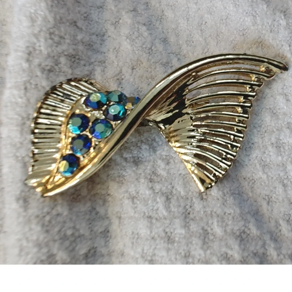 Brooch Gold Teal Blue AB Rhinestone Abstract Wing Fan Vintage Style Pin